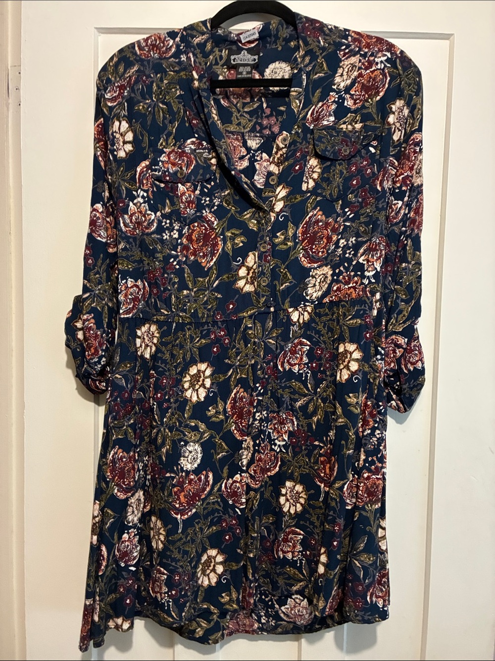 Angie Navy Floral Button-Front Tunic Dress with Burgundy and Olive Accents